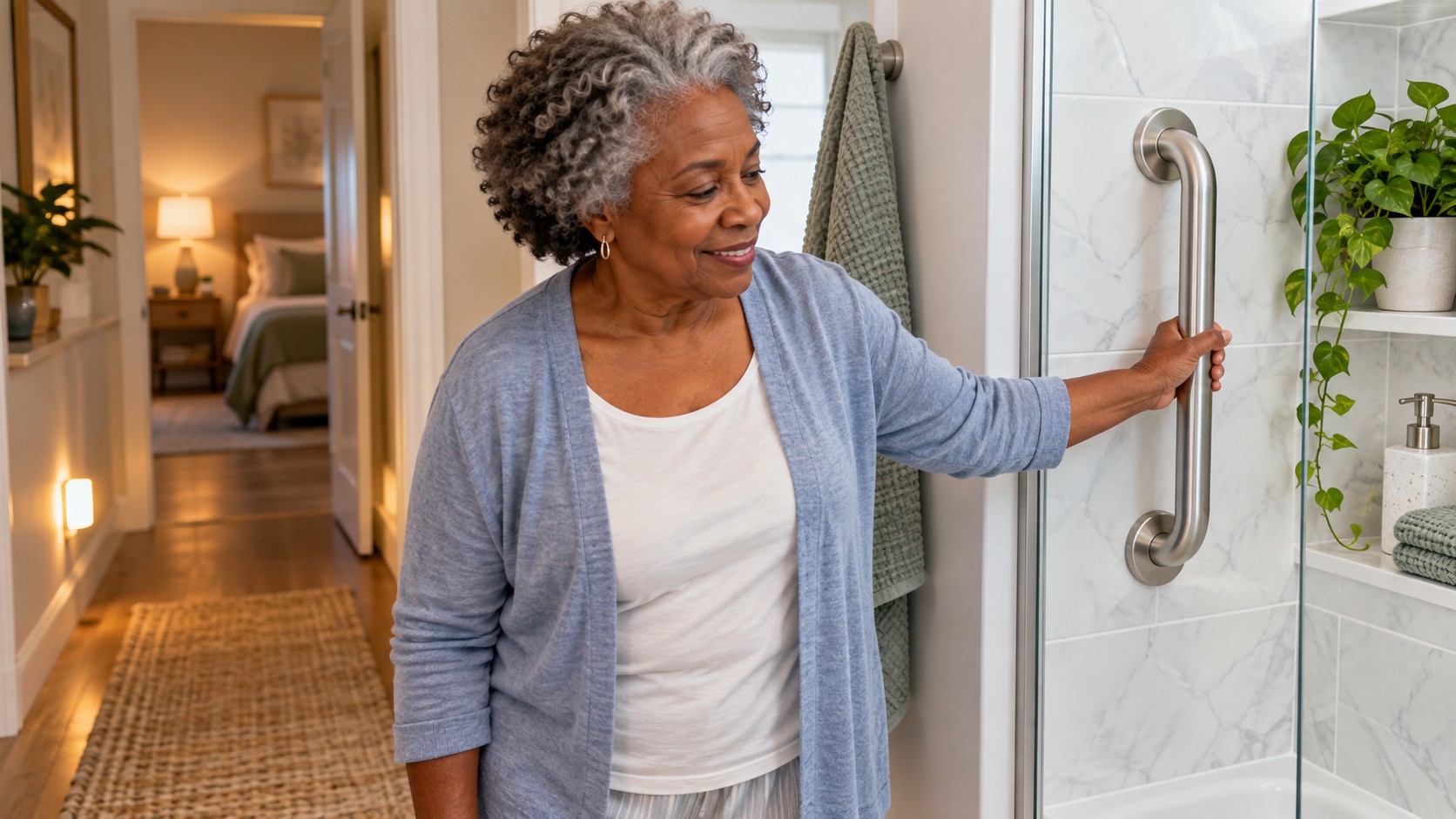 Older woman moving confidently through a bright home