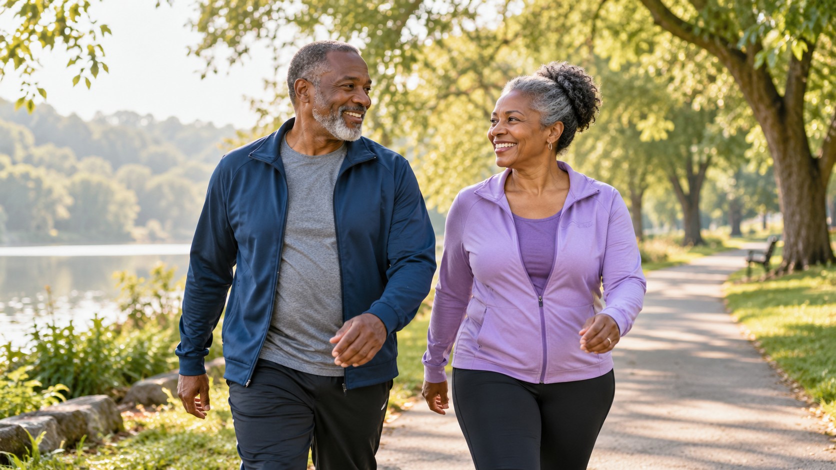 Older adults enjoying a lakeside walk together